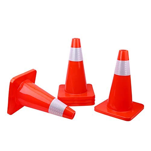 [ 10 Pack ] 18" Traffic Cones PVC Safety Road Parking Cones Weighted Hazard Cones Construction Cones for Traffic Fluorescent Orange w/4" Reflective Strips Collar Traffic Safety Cones