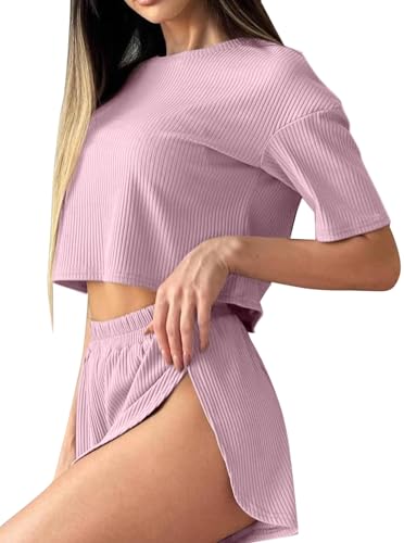 Image of Remidoo Women's Split Shorts Pajama Set Short Sleeve Tops and Shorts 2 Piece Pjs