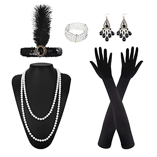 MIVAIUN 6 peças acessórios dos anos 20, mulher Flapper Set, Anos 20 festa fantasia, 1920 conjunto de acessórios, Great Gatsby acessórios para rugir festa dos anos 20 Halloween Natal (preto)