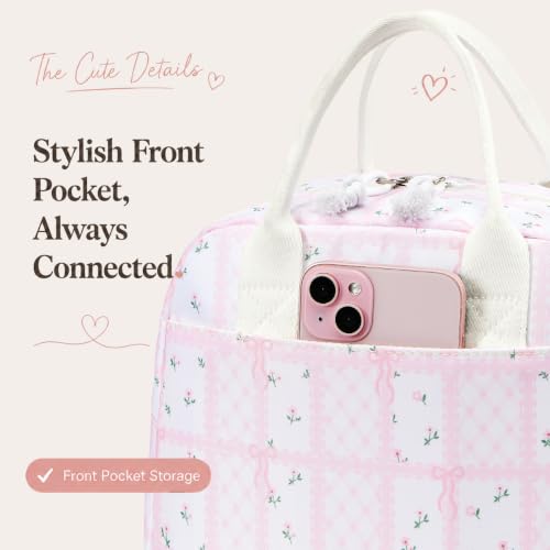 Image of LOVELYWIND Lunch Box for Women, Insulated Lunch Bag, Pink Checkered Tote