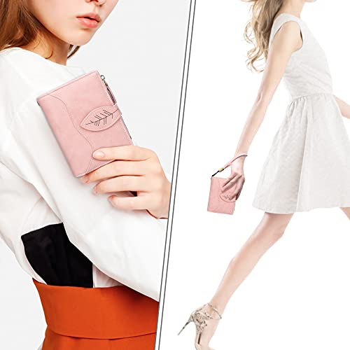CONISY Small Wallet for Women, Compact Bifold Leather Wallet with Wristlet RFID Blocking Womens Wallet (Pink)2
