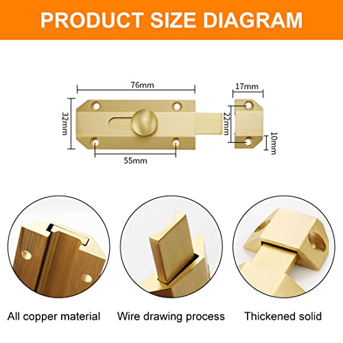 Door Latch Lock, Quesuc 1 Pcs Lock For Door Thick Pure Brass Slide Barrel Door Bolt Heavy Duty Gate Security Lock Latch Equipped With Screw Mounting, Slide Door Locks Defend Your Home (Gold) #TOP1