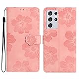 CrazyLemon 対応 Samsung Galaxy S21 Ultra ケース 手帳型 かわいい おしゃれ エンボス 花びら 花柄 デザイン ストラップ付き マット感 PU レザー 手帳ケース マグネット式 カード収納 スタンド機能 付き レディース 女性 人気 可愛い 財布型 スマホケース 衝撃吸収 頑丈 薄型 - ピンク