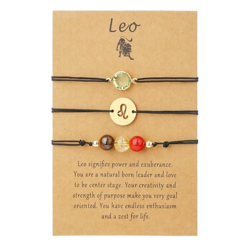 ChungLong0593 3Pcs Zodiac Constellation Bracelets Set for Women, Crystal Birthstone Beaded Bracelet, Adjustable Black Cord Astrology Sign Charm Bracelet Birthday Gift (Leo)