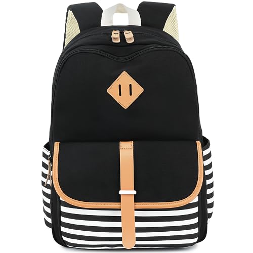 Image of Leaper Canvas School Backpack for Girls Laptop Bag Travel Bag Bookbag Daypack, Black-stripe, Large-more layers, Rucksack Backpacks