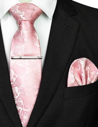 Image of JEMYGINS Mens Solid Color Paisley Necktie and Pocket Square with Tie Clip Sets