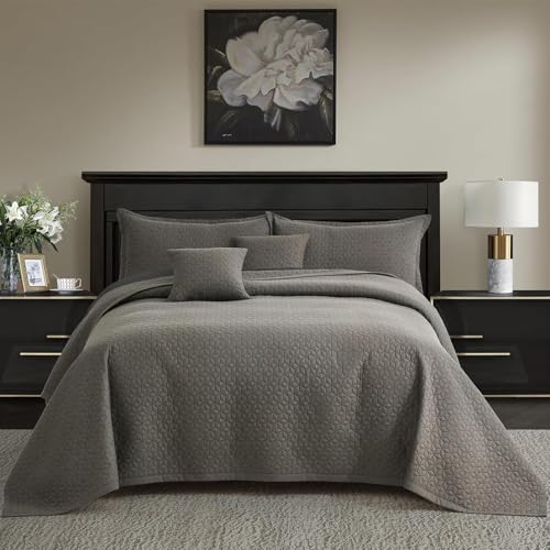 Image of Oversized King Bedspread 128x120 Extra Wide, Diamond Geometric Quilt Set King /Cal King, Lightweight Reversible Coverlet, Straight Edge - Earthy Contemporary Look, 5 Piece, Brown