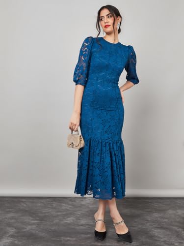 Image of Styli Women Self Design Lace Bodycon Midi Dress | Elegant One Piece Dress for Women | Stylish Outfit for Party, Casual & Everyday Wear
