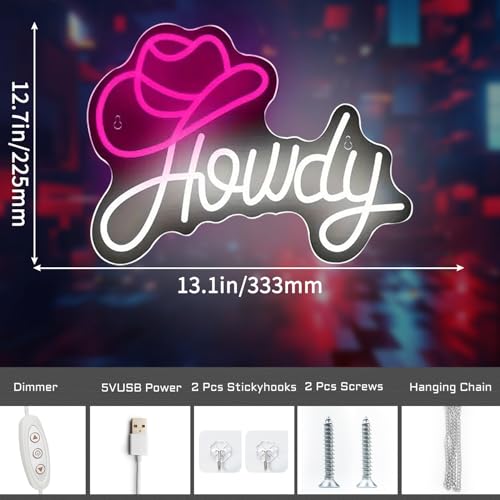 Image of Howdy Neon Sign with Cowboy Hat, Pink and White LED Neon Light for Wall Decor, Dimmable Western Neon Signs for Bachelorette Party, Nashville Decor, Cowgirl Bedroom, Bar, Dorm Art (12.7 inch x 13.1 inch)