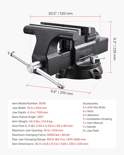Image of VEVOR Heavy Duty Bench Vise, 10 inch Jaw Width, Multi-Purpose Ductile Iron Bench Vise with Anvil and 360-Degree Locking Swivel Base, 4.3 inch Throat Depth, 10 inch Max Jaw Opening, for Drilling, Pipe Cutting
