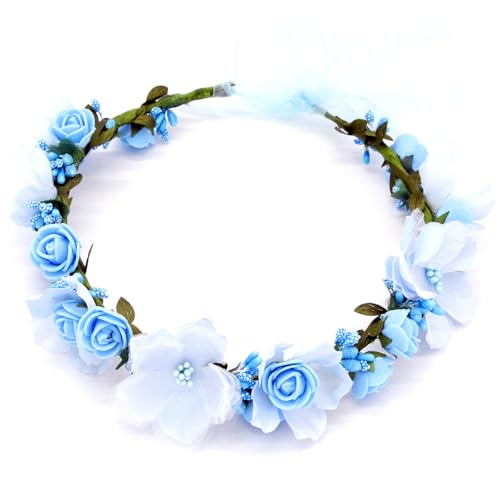 Couronne de fleurs bleues 1pc, couronne florale réglable avec ruban, bandeau de fleurs artificielles pour femmes accessoires cheveux Mariages Photographie.