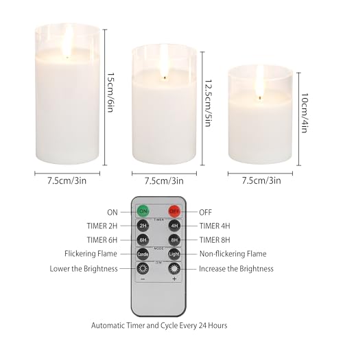 Image of JHY DESIGN Set of 3 Glass Wax Flameless Candles 3D LED Candles White Wax Flickering Battery Candles with 8-Key Remote Control Timer for Home Wedding Party Christmas(Pivoted Flame-Shaped Tip)