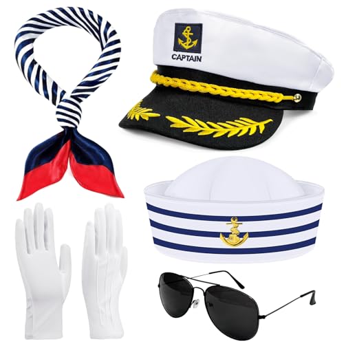 Dkomekii 5 Pcs Yacht Captain Hat Sailor Ship Cap Scarf Sunglasses Boat Captains Halloween Dressing up Party Costume Accessories for Men Women