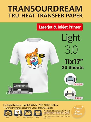 TransOurDream Iron on Heat Transfer Paper for White Light T Shirts (20 Sheets, 11x17", Light 3.0) Printable HTV Heat Transfer Vinyl for LaserJet & Inkjet Printers