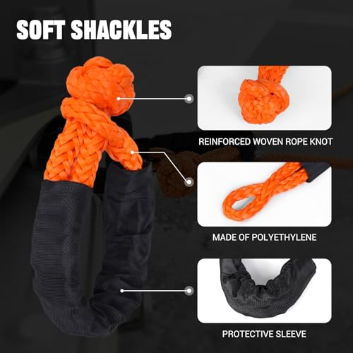 Image of BARTOO Winch Snatch 66000 LB Recovery Ring with 2 PCS Soft Shackle 1 /2 inch X 22 Inch Winch Rope, for ATV UTV SUV Truck Off-Road Vehicle Recovery Accessories, Orange