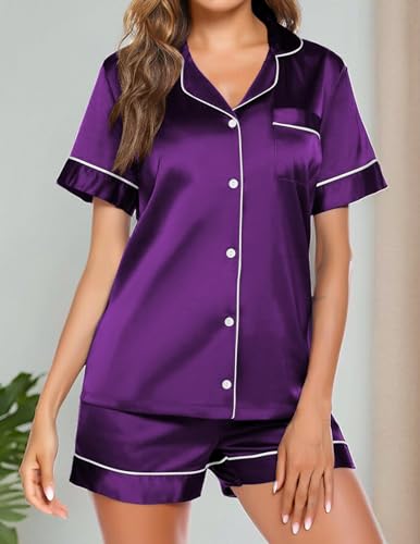 Image of Ekouaer Pajamas for Women Set Silk Satin Pjs Button Down Sleepwear Summer Loungewear Top and Shorts Lounge Set S-XXL