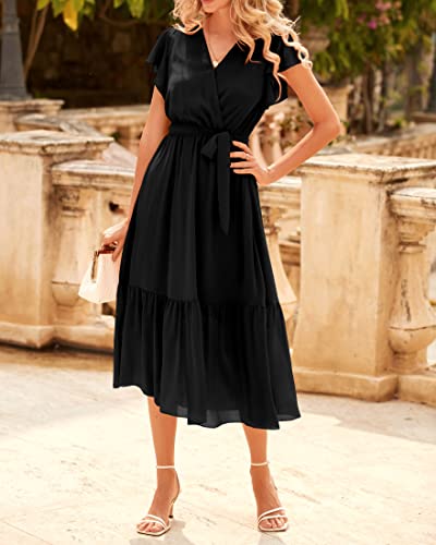 Image of BTFBM Women Summer Bohemian Floral Casual Wrap V Neck Ruffle Cap Sleeveless Belt A-Line Pleated Hem Midi Sun Dress White