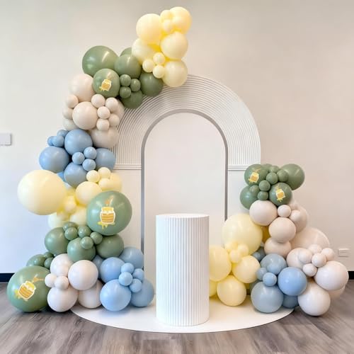 Image of Sage Green Dusty Blue Yellow Balloons, 12 Inch Olive Green Macaron Yellow Slate Blue Nude Cream Latex Balloons for Birthday Wedding Baby Shower Wild One Party Deocrations