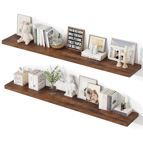 Image of 55 Inch Floating Shelves, 12 Inch Deep Floating Shelves for Wall, Extra Deeper & Thicker Wooden Wall Shelf with Invisible Brackets, Shelf for Bedroom Home Decor(Rustic Brown, Set of 2)