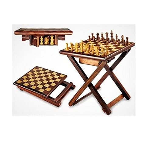 Image of Bros Moon Wooden Folding Best Chess Board Cum Table with Professional Pieces with Under Drawer Fittings for Pieces 12 inchx 12 inch inches (Chess Royalle, 12 Inches)