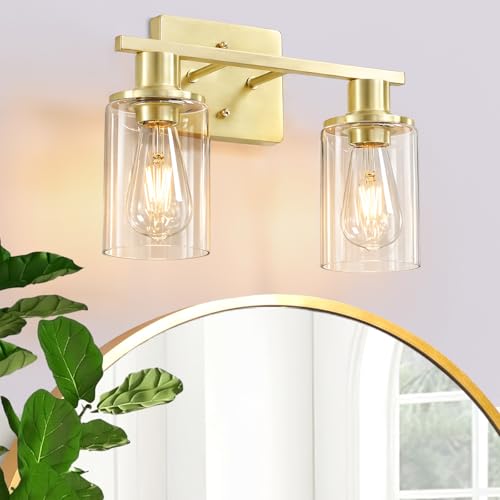 Image of 2-Light Gold Bathroom Vanity Light,Brushed Gold Bathroom Light Fixtures Over Mirror with Clear Glass Shade,Modern Wall Sconces Lighting for Kitchen Living Room Cabinet Hallway