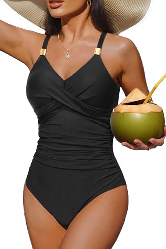 Tempt Me Womens One Piece Swimsuit - Tummy Control Bathing Suit V Neck Metal Twist Front 2025 Swimwear