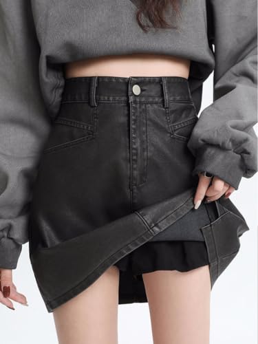 Women's Fashion High Waist PU Leather Skirt Vintage A-Line with Lining Irregular Hem Casual Short Skirts3