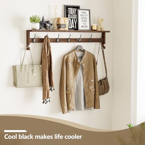 AMBIRD Coat Rack Wall Mount, 35 Inch Extra Long Wall Hooks with Hanging, Wooden Shelf with 7 Metal Hooks 2 Side Hooks, Wall Key Holder with Shelf in Entryway, Kitchen, Bathroom, Living Room, Bedroom