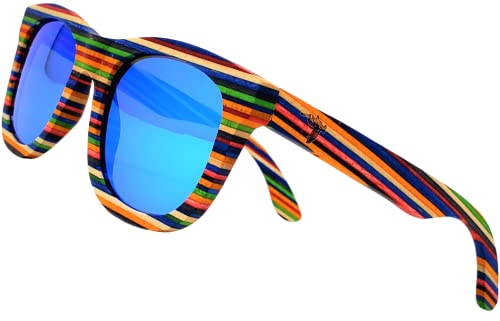 Wood Sunglasses | Polarized Lenses | Multi-Colored Layered Rainbow Vintage Wooden Frame Men Women