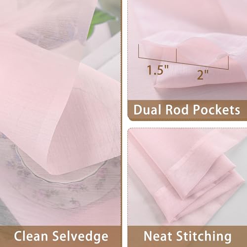 Image of Pink Sheer Curtains 63 Inch Length, Privacy Semi Sheer Curtains for Living Room Bedroom, Light Filtering Rod Pocket Voile Window Drapes 2 Panels Set, Each 42 inch W x 63 inch L