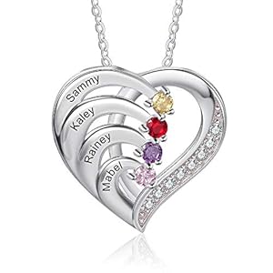 925 Sterling Silver Mother Necklace with 3-4 Simulated Birthstones Personalized Women’s Promise Necklace Engraved Names Family Anniversary Jewelry for Grandma