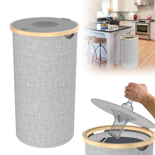 UISEBRT Caja de recogida de botellas de empeño con tapa y bolsa de transporte, contenedor de reciclaje de tela Oxford y bambú para alimentos vacíos y vidrio usado, capacidad de 100 l, color gris