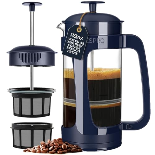 Image of ESPRO Light P3 French Press Coffee Maker - Patented Double Micro-Filter for Grit-Free Brew, Heat Resistant thicker Borosilicate Glass Coffee press - (Blue - 32 oz)