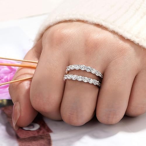 Finecreation_usa-14k white gold finish Sterling Silver Ring Enhancer, 2 Carat Two Row Wedding Band for Engagement Rings