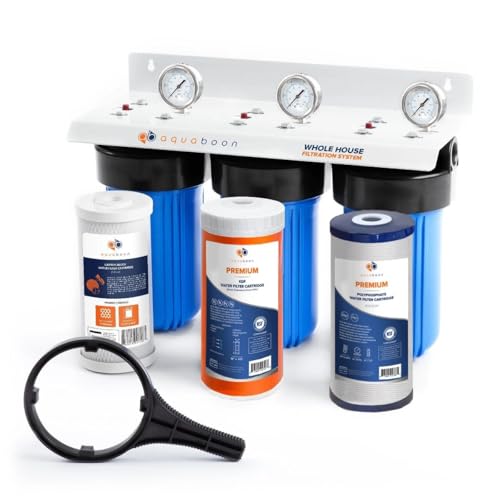 Aquaboon 3-Stage Whole House Water Filtration System with 5 Micron 10x4.5 Anti-Scale Reducing Sediment, KDF Heavy Metals and Carbon Chlorine Reduction Water Filter Purification, Wrench, Bracket