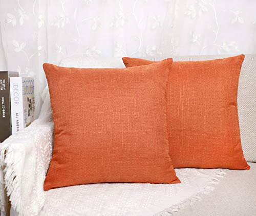 4TH Emotion Set of 2 Fall Orange Slub Textured Cotton Linen Throw Pillow Covers Cushion Case for Sofa, 20 x 20 Inches