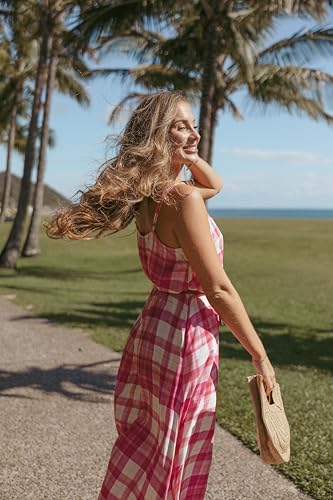 Image of LASPIA Spaghetti Strap Dresses for Women Plaid V Neck Maxi Sundress Beach Long Dress with Pockets