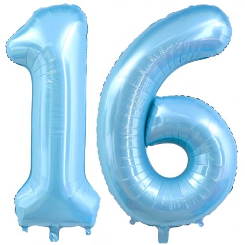 Image of Pastel Blue 16 Balloon Number, Light Blue 16 Balloons for Birthday Party | 16 Balloon Numbers,40 Inch,Pastel Blue,Helium-fillable,16 Foil Mylar Balloons,for Birthday Party Anniversary Decorations
