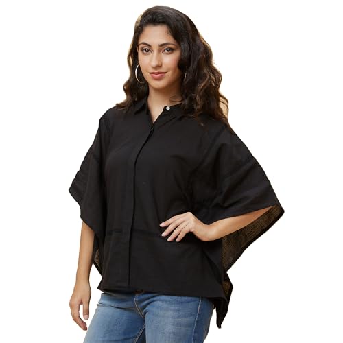 Image of Globus Women Solid Shirt Collar Lace Inserts Kaftan Tunic