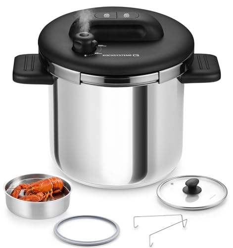 Image of KOCH SYSTEME CS Stainless Steel Pressure Cooker 8.5QT, Olla de Presion, 18 /10 Stainless Steel Pressure Cooker, Easy One-Press Lock, Stovetop Pressure Cookers, Induction Ready, Glass Lid & Steamer