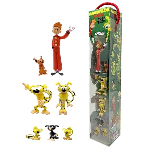 Plastoy Coffret tubo de 7 Figurines la Famille Marsupilami, Spirou et Spip - Résine - 2 à 5 cm