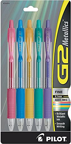Pilot G2 Metallics Refillable and Retractable Rolling Ball Colored Gel Pens Fine Point 0.7mm Assorted Color Inks 5-Pack