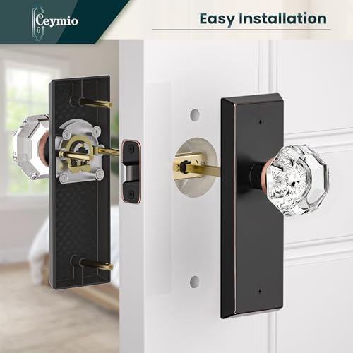Image of Glass Door Knobs for Interior Doors - Vintage Crystal Passage Closet & Hallway Door Knob - Diamond Cut Door Handle - Oil Rubbed Bronze Finish (1 Pack)