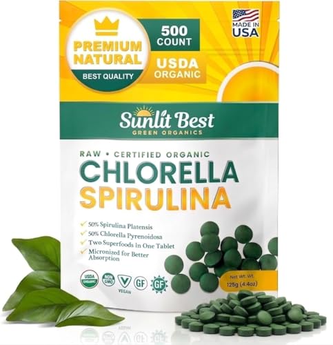 Sunlit Best Chlorella Spirulina Tablets - Organic USDA Premium Spirulinas and Chlorella Capsules 500 Pills - Chlorellas Natural Superfood with Spirulina Algae Enzymes Chlorophyll & Vegan Protein
