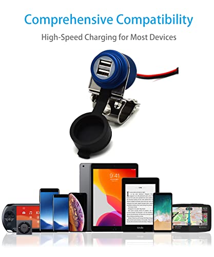 Cliff Top 4.6 Amp 23W Aluminium Motorcycle Usb Charger With Dual-Port Fast Charing, Heavy Duty, Waterproof For 7/8’’, 1’’ Handlebars On Atv/Utv For Smart Phones, Gps, Tablets And Cameras (Blue) #TOP2