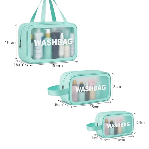 Image of FLYNGO Clear Makeup Pouch Set of 3 Teal, Cosmetic Organizer Bag for Women and Girls Travel Waterproof Toiletry Storage Kit