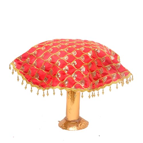 Image of 1 Pc Golden Moti Border Satin Silk Worked Thali-Cover /ThaalPosh /Pooja Thali Cloth for Wedding, janmashtmi, Prasad Plate, ganpati, Navratri, Diwali, Festivals (18 x 18 inch, Red)