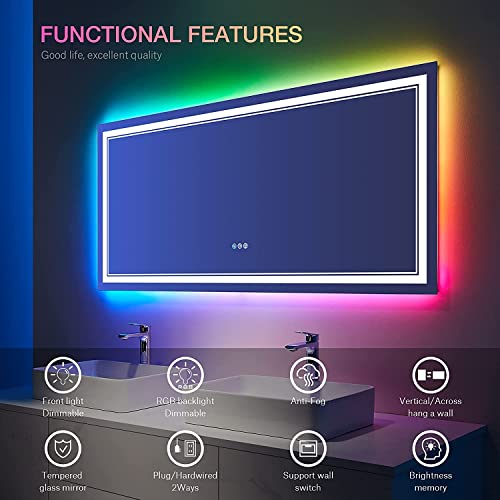 72x36 inch LED Bathroom Mirror with Lights Backlit RGB Color Changing Lighted Mirror for Bathroom Wall Dimmable Anti-Fog Led Mirror (RGB Multicolor Backlit + Adjustable Front-Lighted)