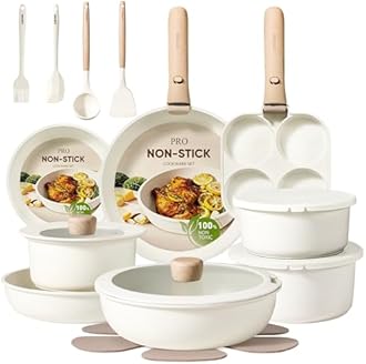 CAROTE Pots and Pans Set Non Stick, Cookware Sets, Kitchen Set, Oven/Dishwasher/Fridge Safe, Space Saving Pots Set, Nonstick Set with Versatile Detachable Handle, Induction RV Set, Cream