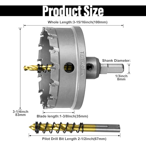 Image of SALI 3-1 /4 inch(83mm) TCT Hole Saw Kit Tungsten Carbide Tipped Hole Saw Drill Bit with Titanium-Plated Pilot Drill bit for Metal, Stainless Steel, Iron, Wood, Plastic